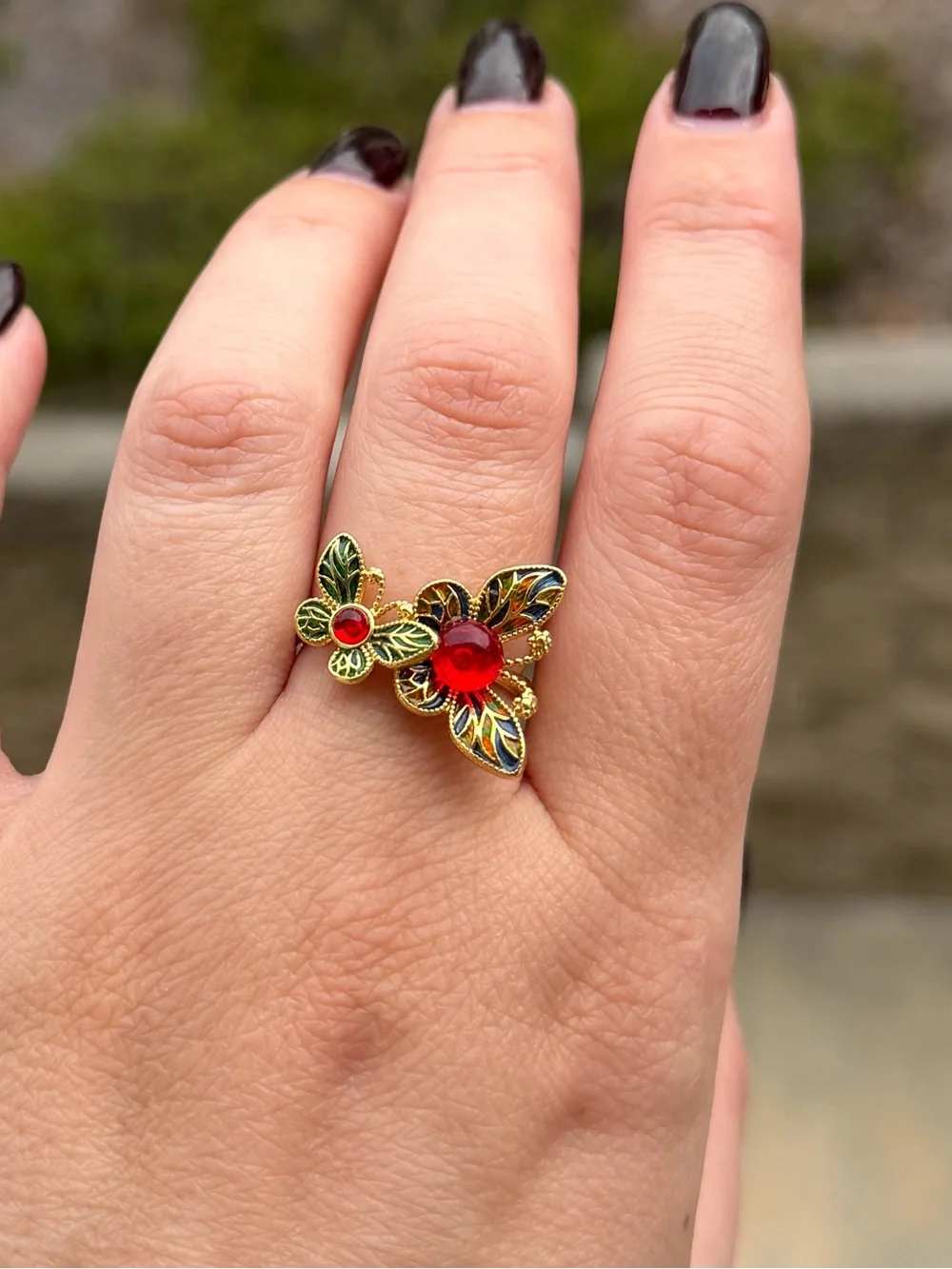 Gold Butterfly Ring with Red and Green Enamel Accents